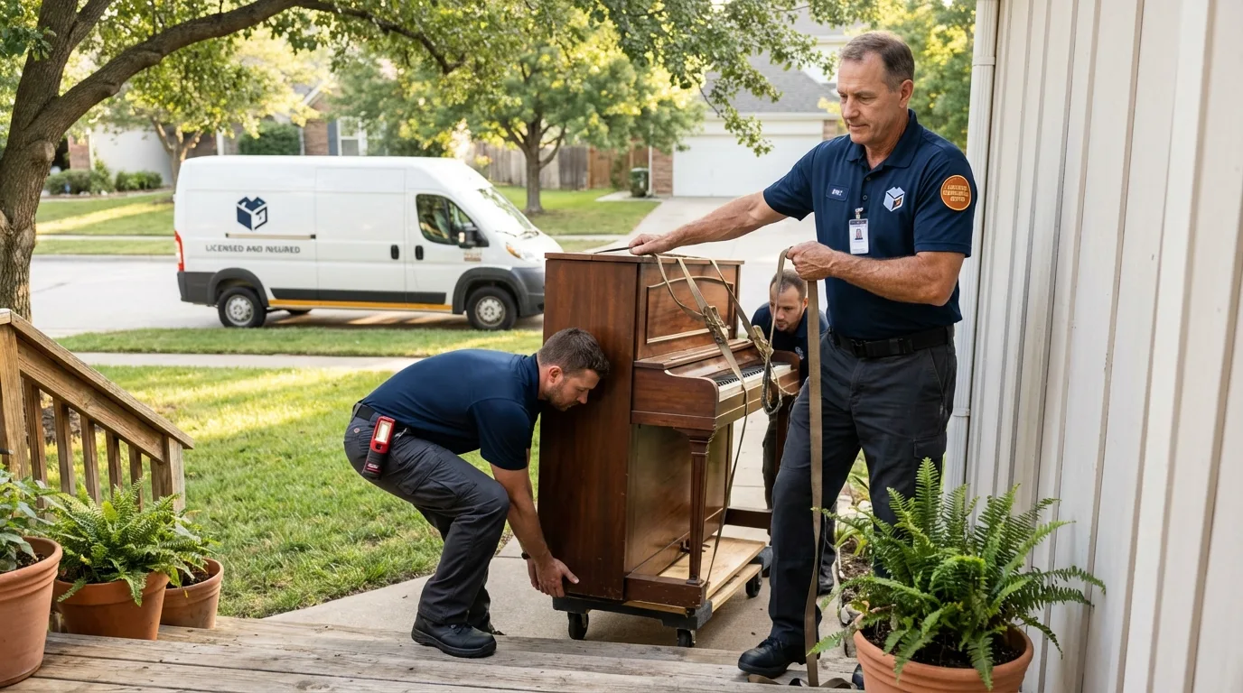 Licensed piano movers securing grand piano in Yukon, OK
