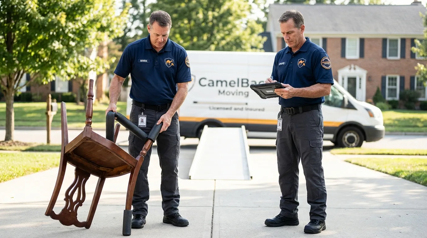 Movers inspecting furniture for damage prevention before loading in Yukon, OK