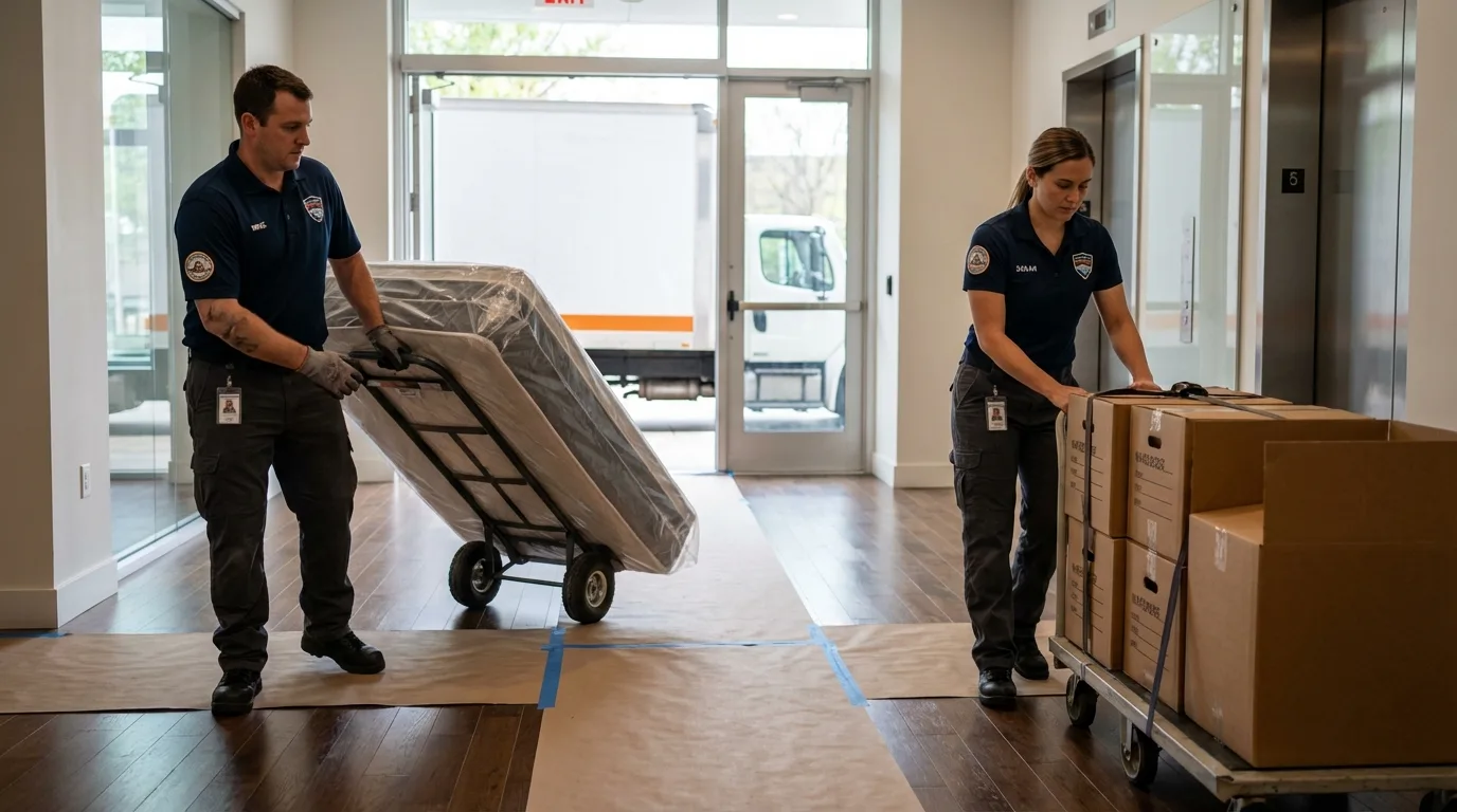 Professional apartment movers loading elevator in Yukon, OK