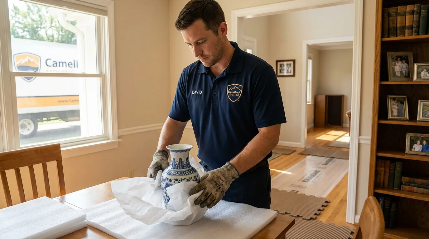 Professional crew carefully wrapping antique vase for senior downsizing move in Yukon, OK