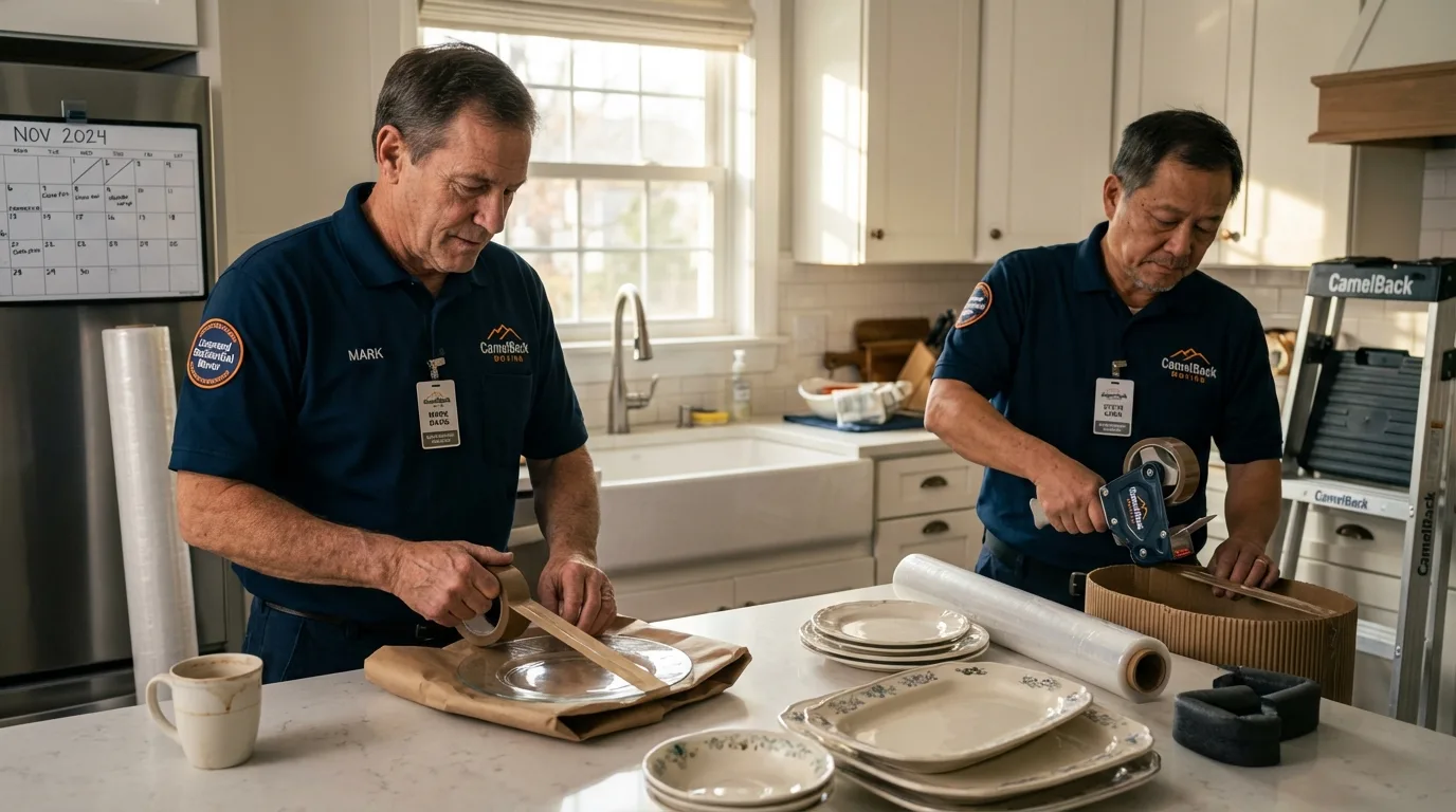 Professional crew packing kitchen dishware in Yukon, OK